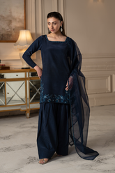 Navy Bloom | Embroidered Raw Silk