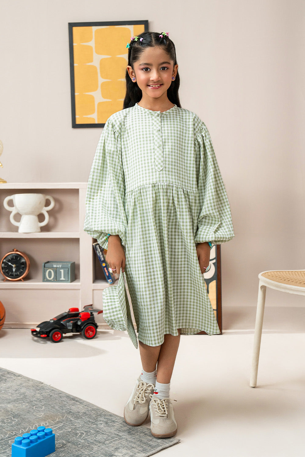Girls - Check Long Frock | Green