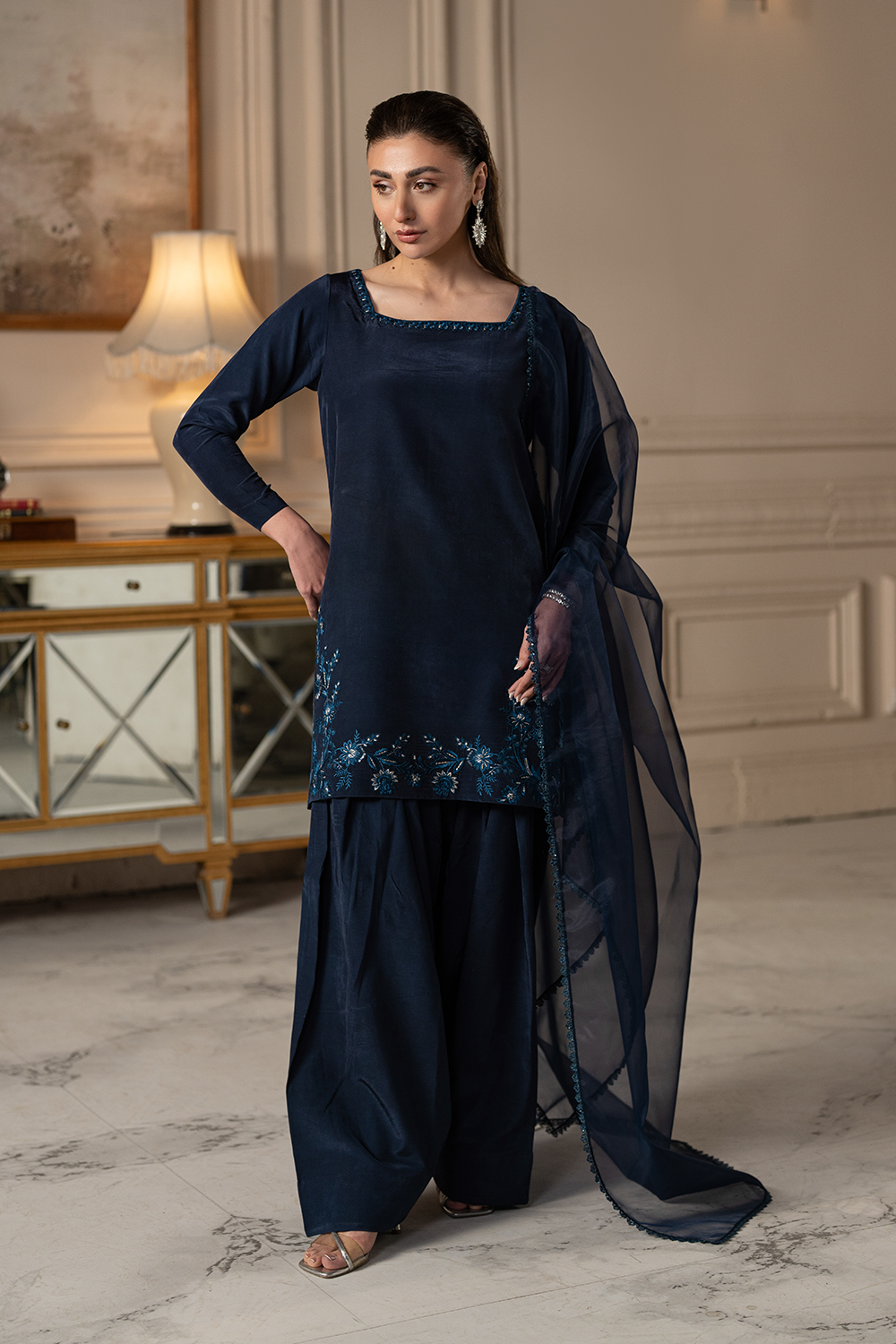 Navy Bloom | Embroidered Raw Silk
