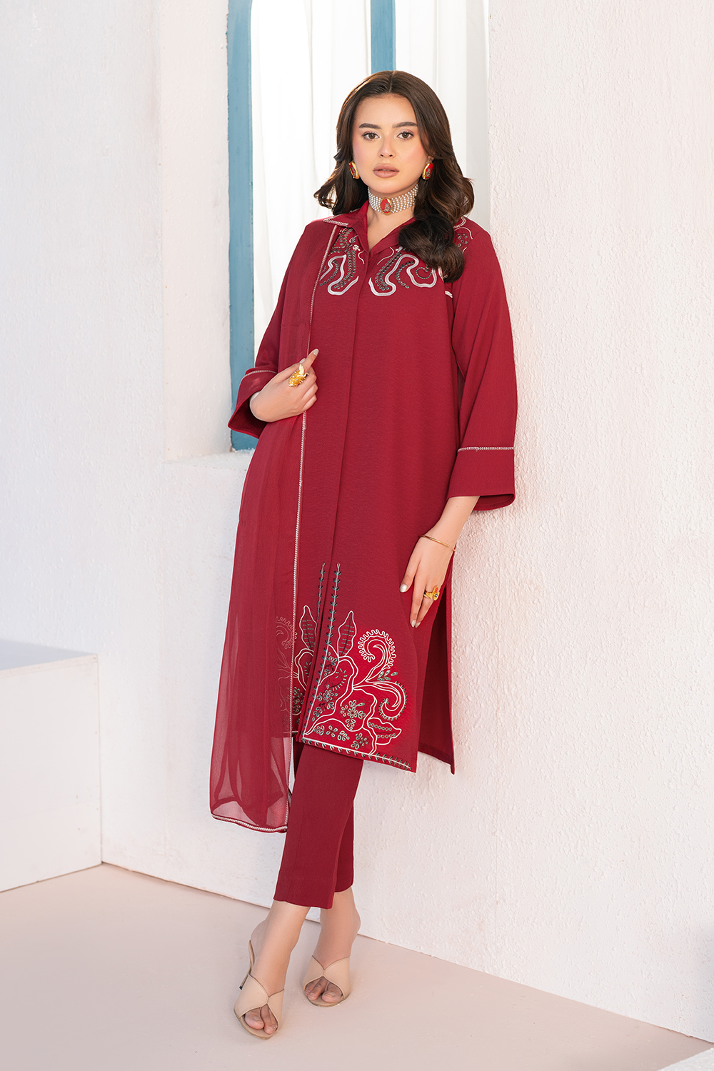 Embroidered 3PC | Deep Red