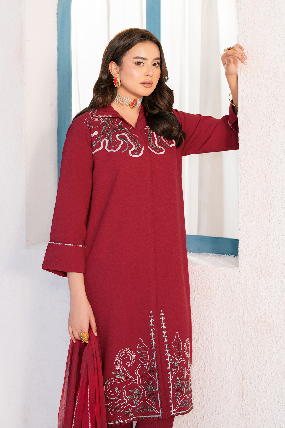 Embroidered 3PC | Deep Red