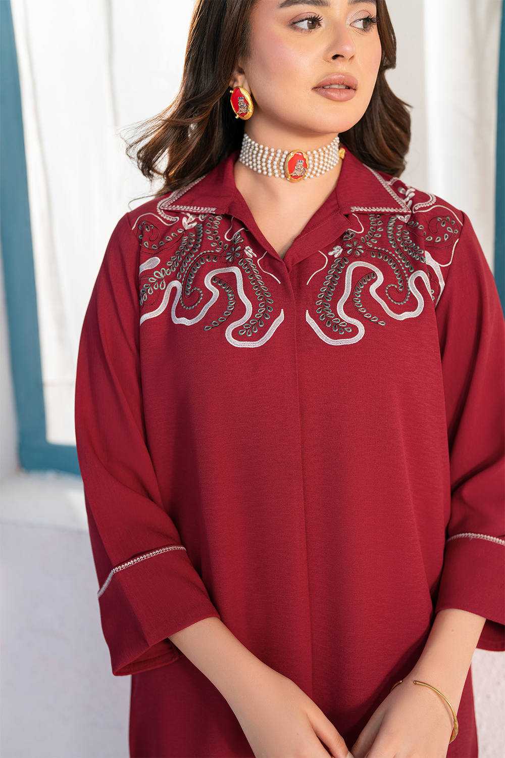 Embroidered 3PC | Deep Red