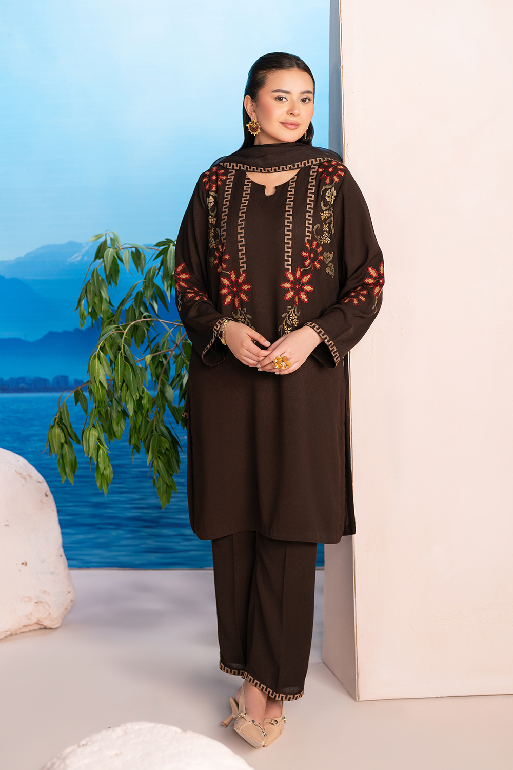 Embroidered 3PC | Coffee Brown