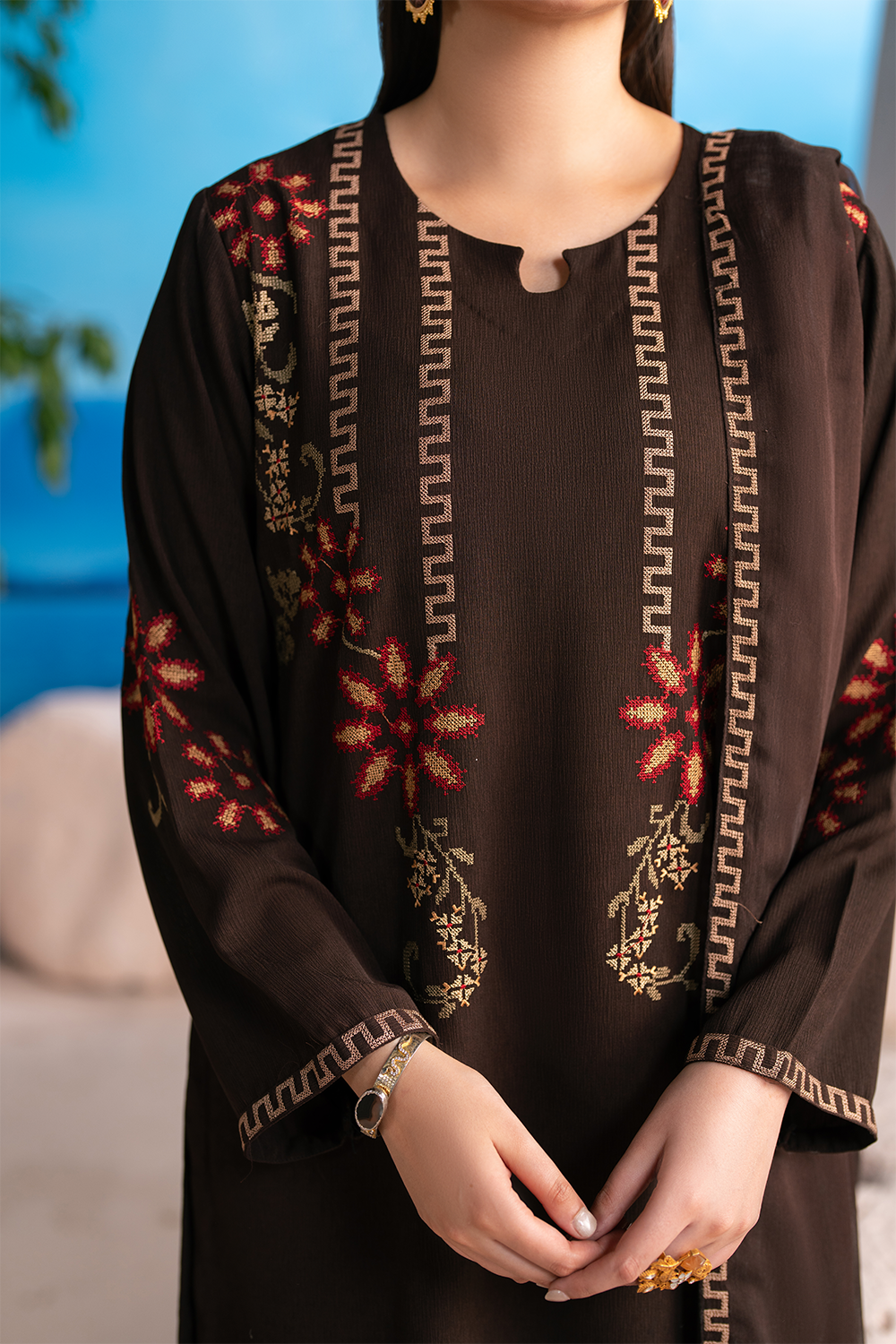 Embroidered 3PC | Coffee Brown