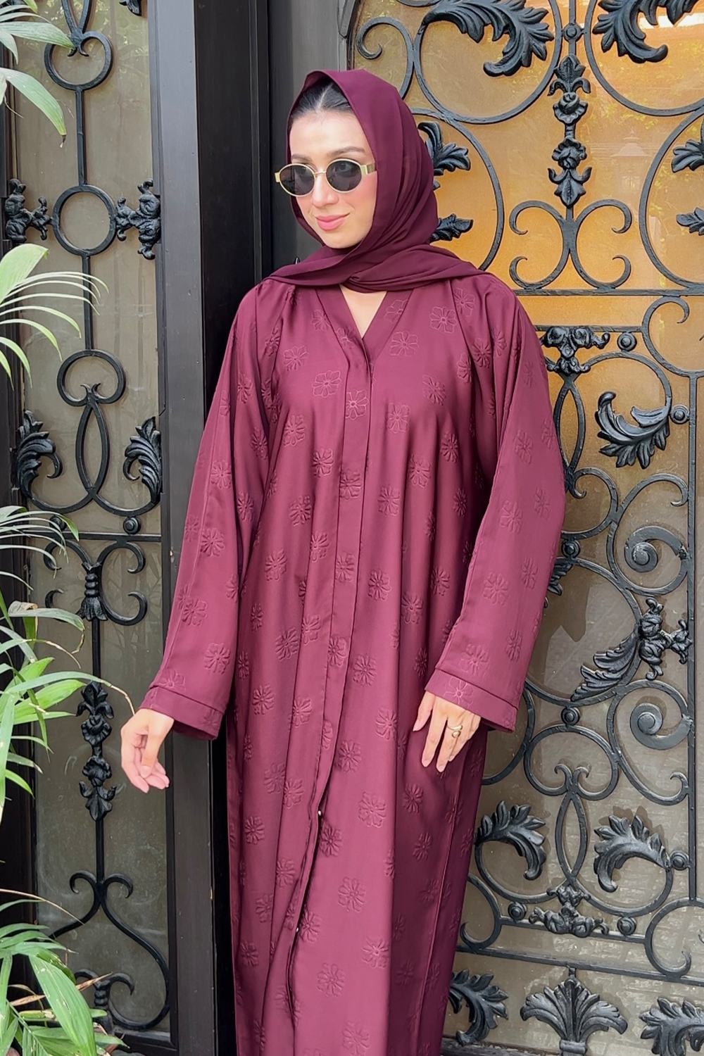 Floral Embossed Abaya Set | Maroon