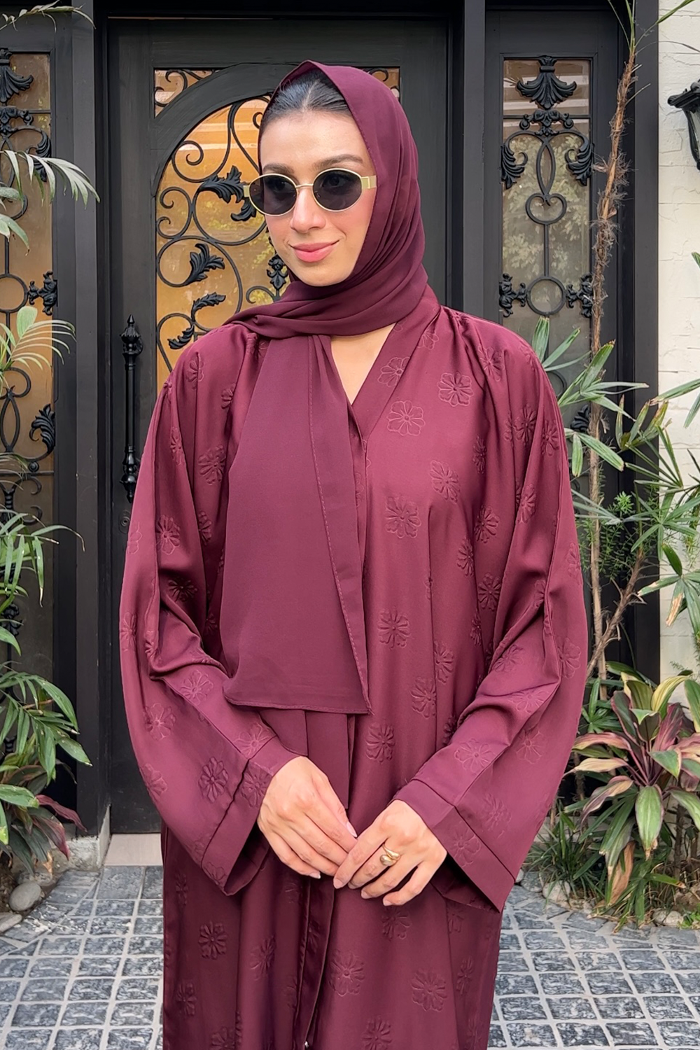 Floral Embossed Abaya Set | Maroon