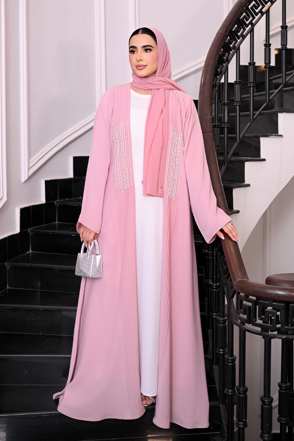 Pleated Pearl Abaya Set | Pink
