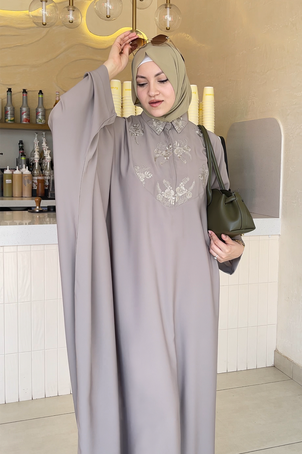 Collar Kaftan Embroidered Abaya Set | Tuscany Green
