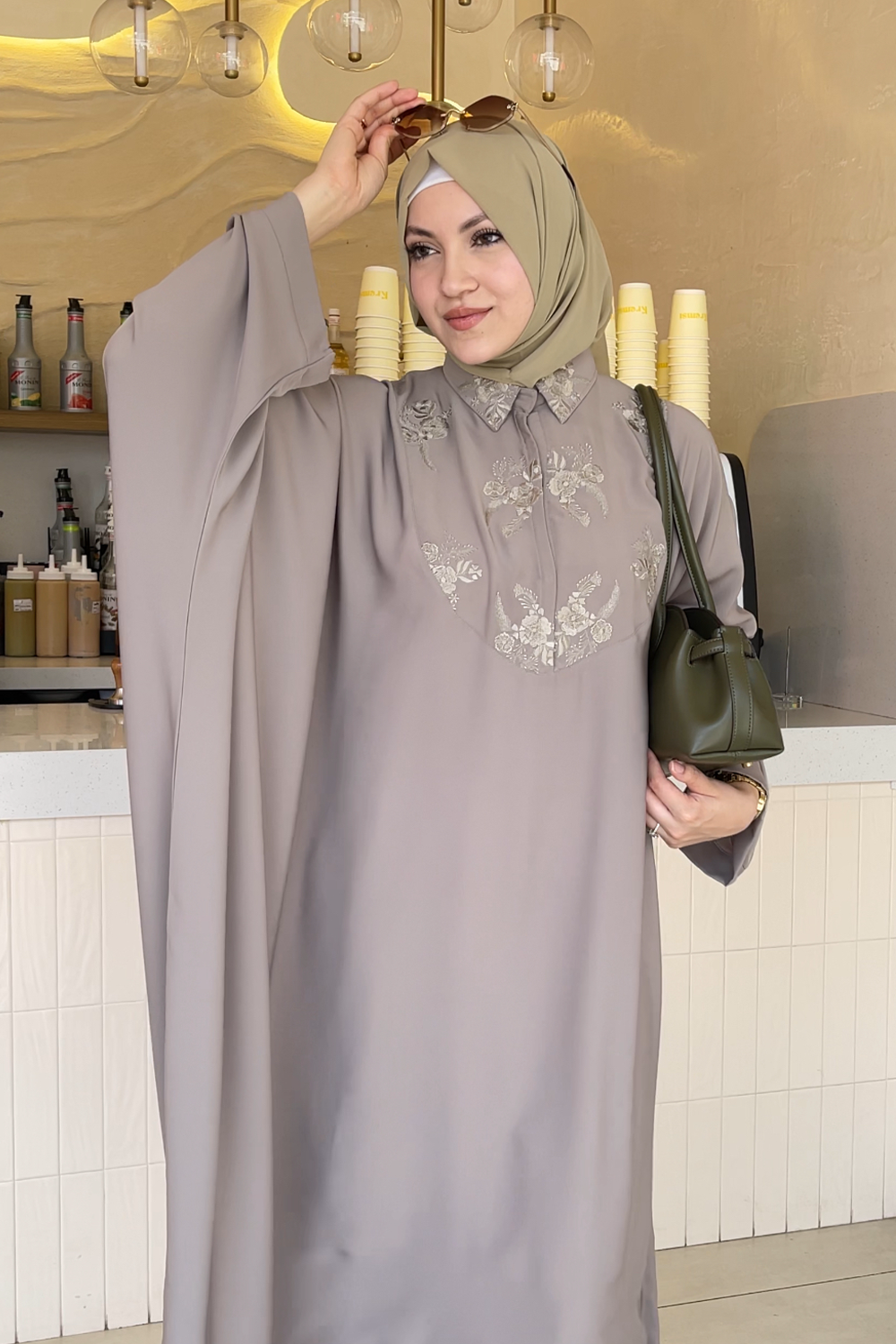 Collar Kaftan Embroidered Abaya Set | Tuscany Green